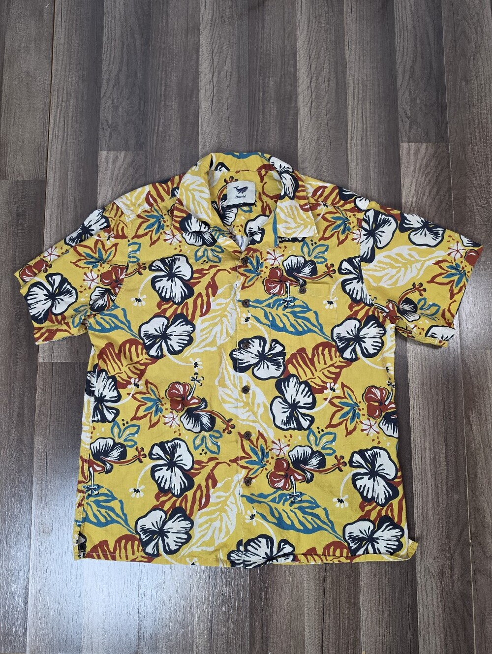 Jiume Yellow Tropical Hibiscus Floral Short Sleeve Button Up Shirt Resortwear. M